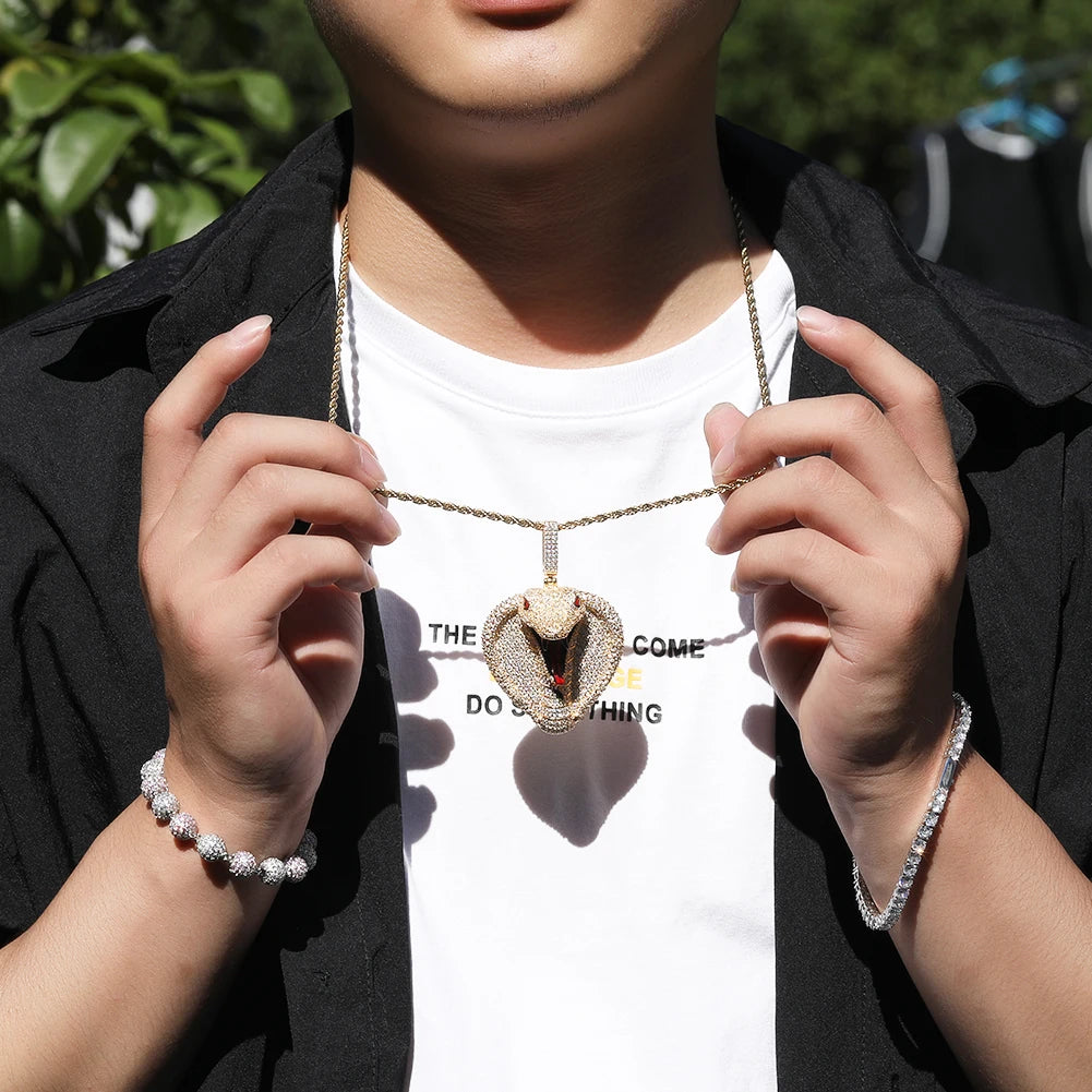 Iced-Out King Cobra Pendant Necklace