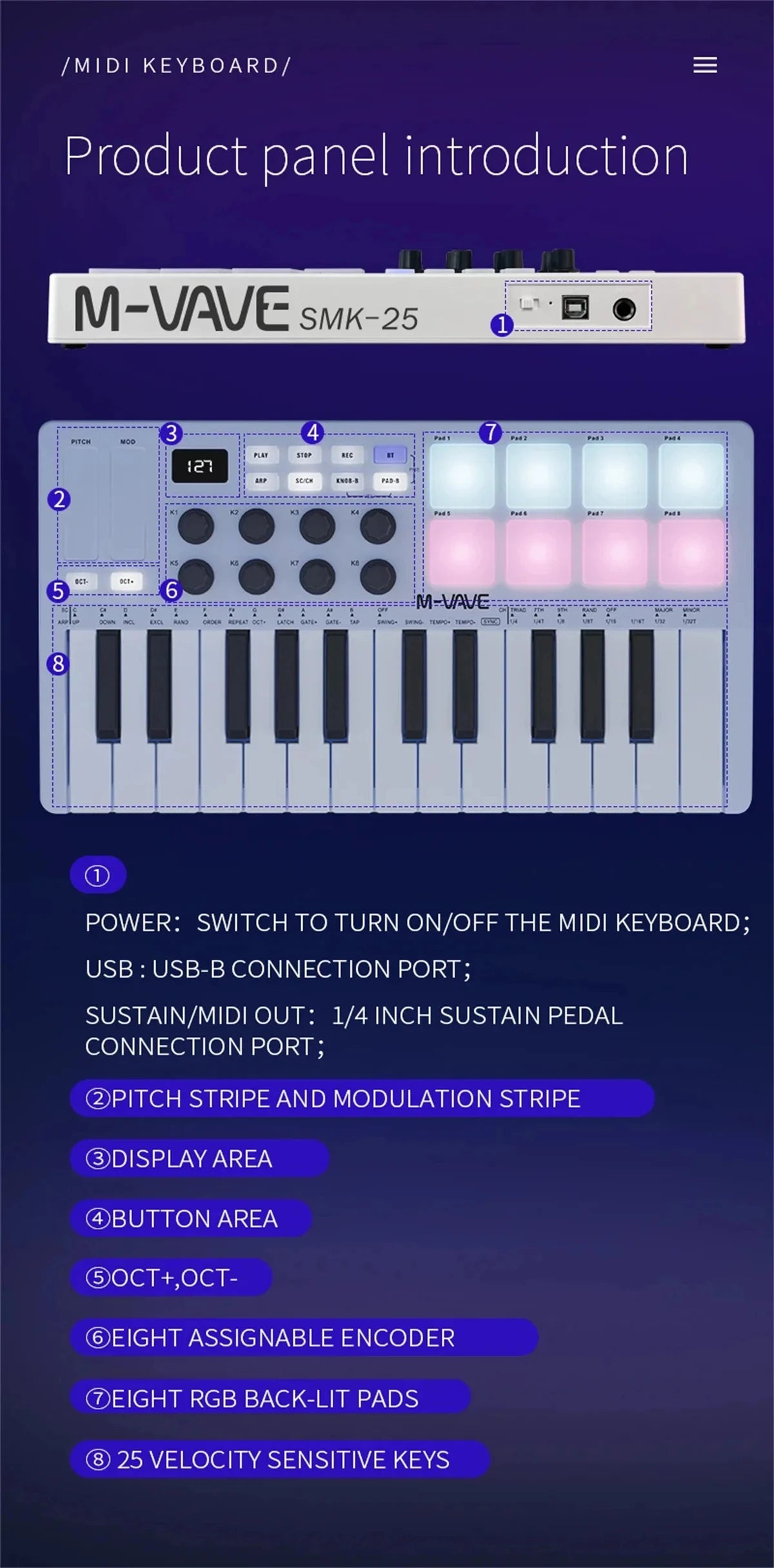 M-VAVE SMK-25 Pro MIDI Controller Wireless/USB DAW Sync | RGB Backlit