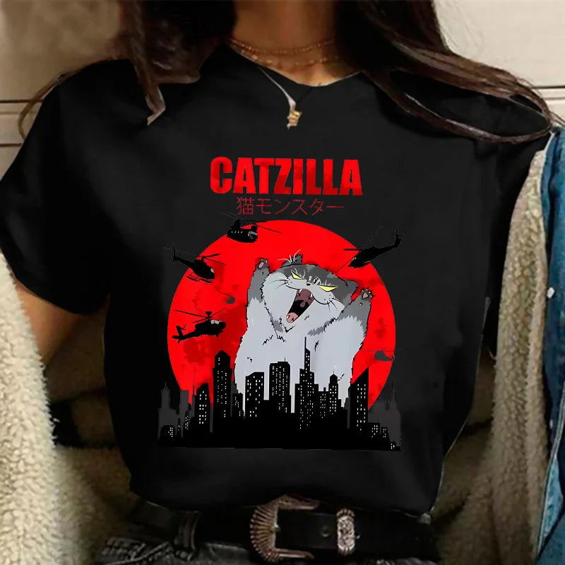 Funny 90s Japanese 'Catzilla' Graphic T-Shirts