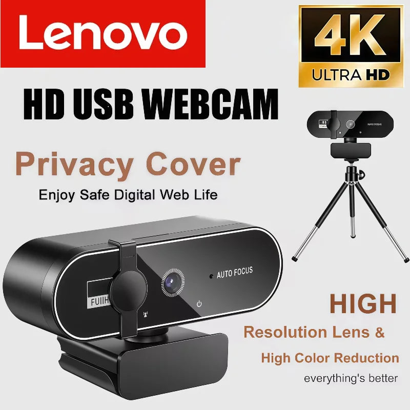 Lenovo 4K/2K/HD Mini Webcam With Microphone and Auto Focus