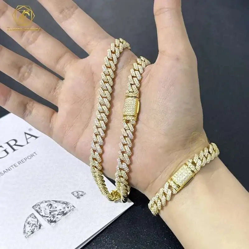 8mm 10mm Iced Out 925 Sterling Silver VVS Moissanite Cuban Link Necklace