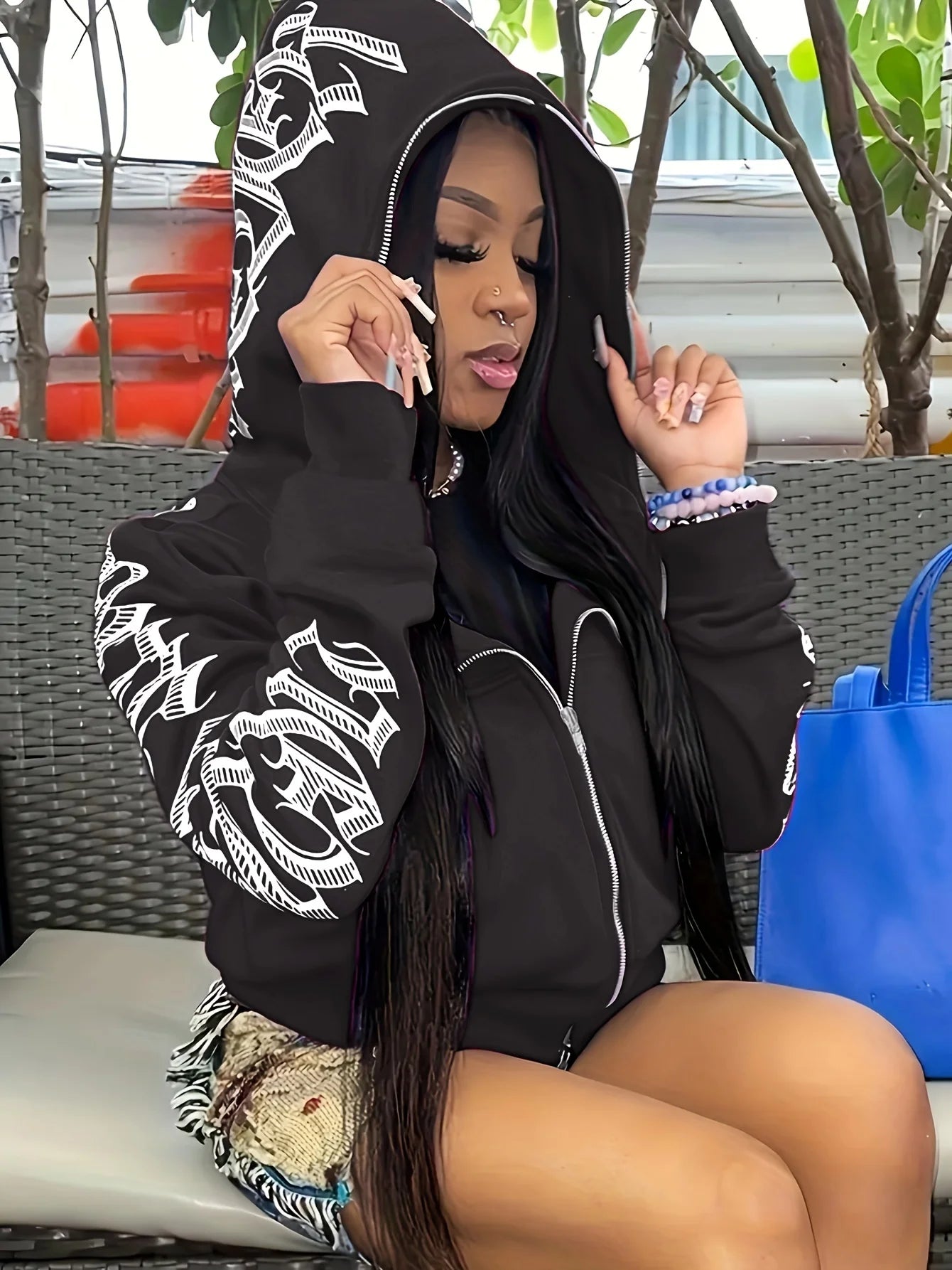 Cyber Y2K Gothic Print Zip-Up Hoodie