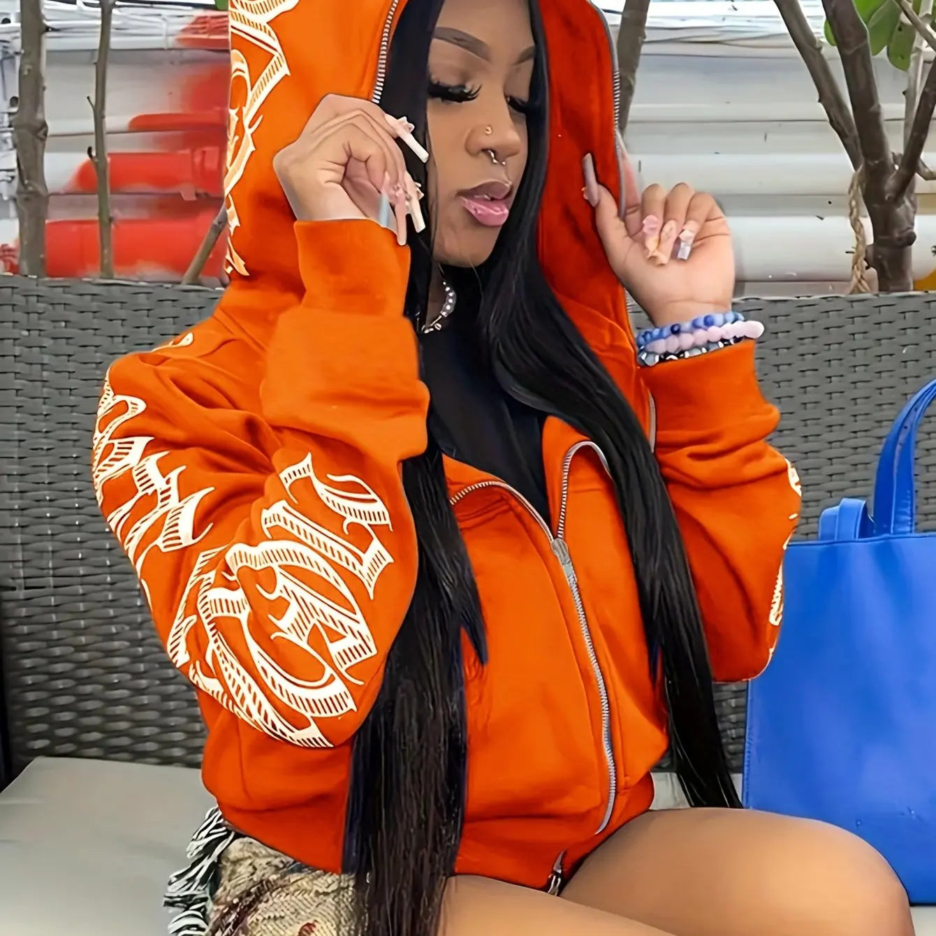 Cyber Y2K Gothic Print Zip-Up Hoodie