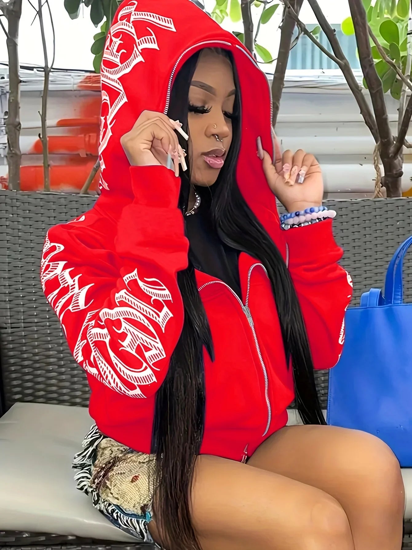 Cyber Y2K Gothic Print Zip-Up Hoodie