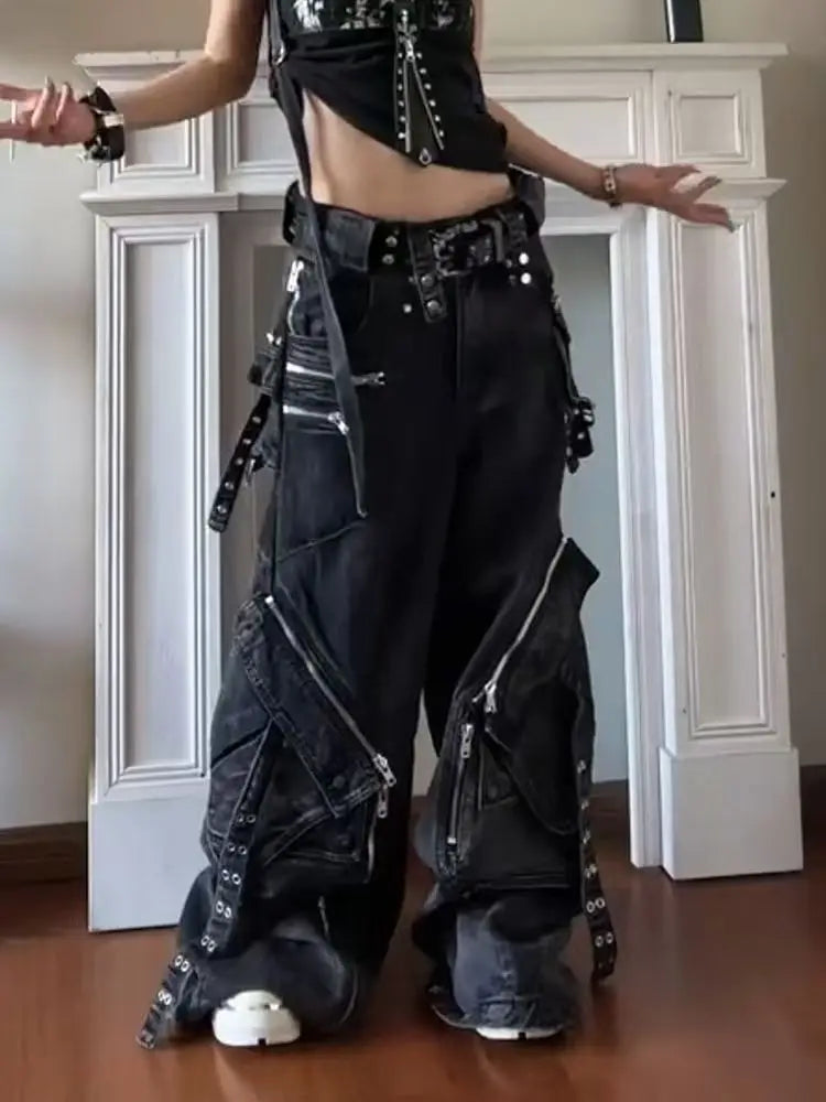 Y2K Gothic Punk Multi-Pocket Zipper Black Jeans