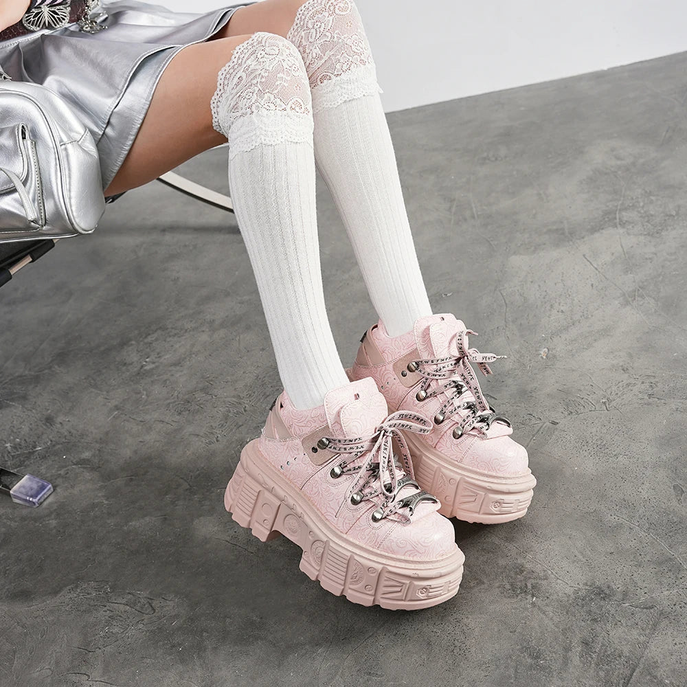 Women's Pink Chunky Punk Platform Ankle Boots