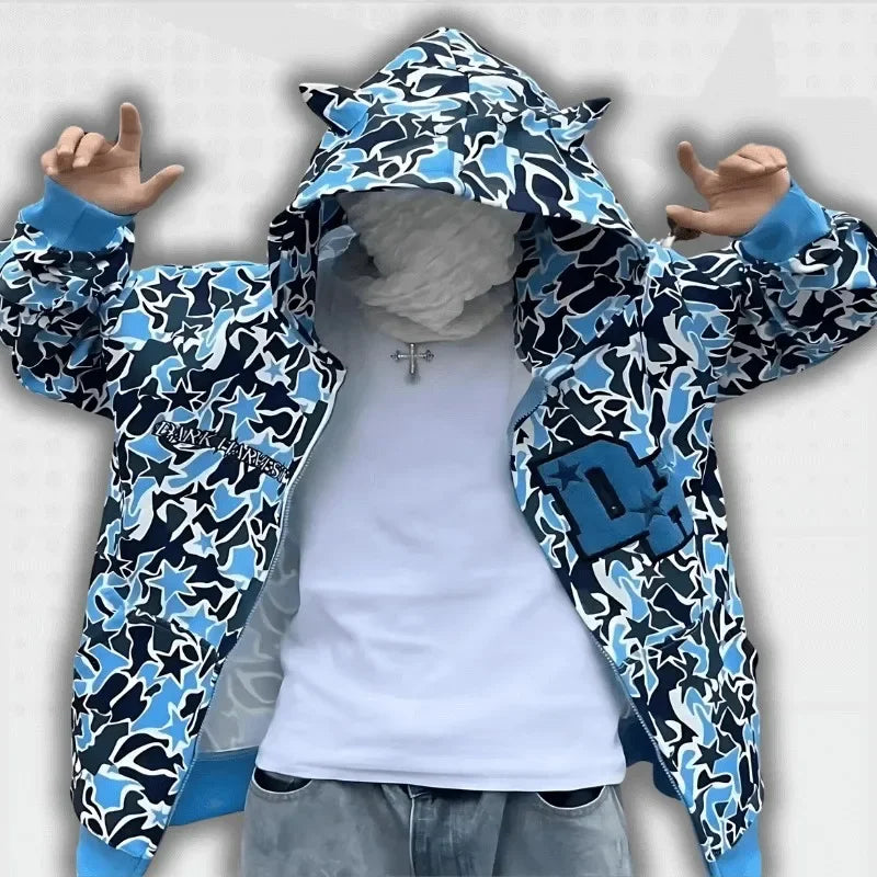 Designer Oversized Full Zip Up Camo Hoodie