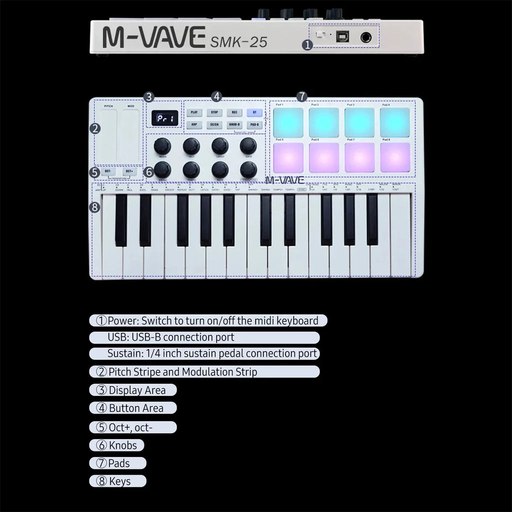 M-VAVE SMK-25 Pro MIDI Controller Wireless/USB DAW Sync | RGB Backlit