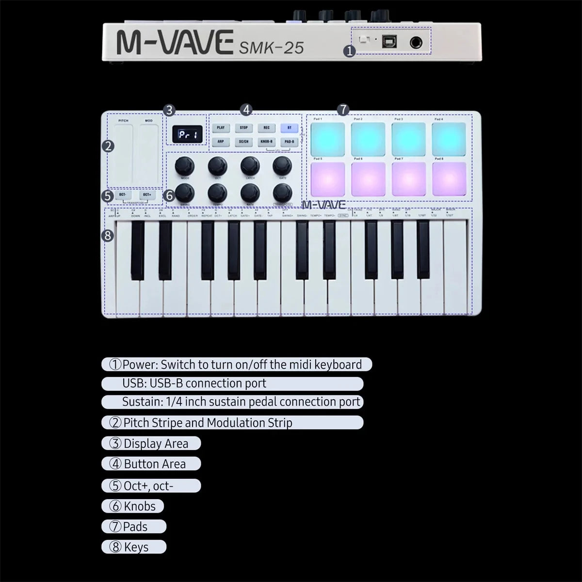 M-VAVE SMK-25 Pro MIDI Controller Wireless/USB DAW Sync | RGB Backlit