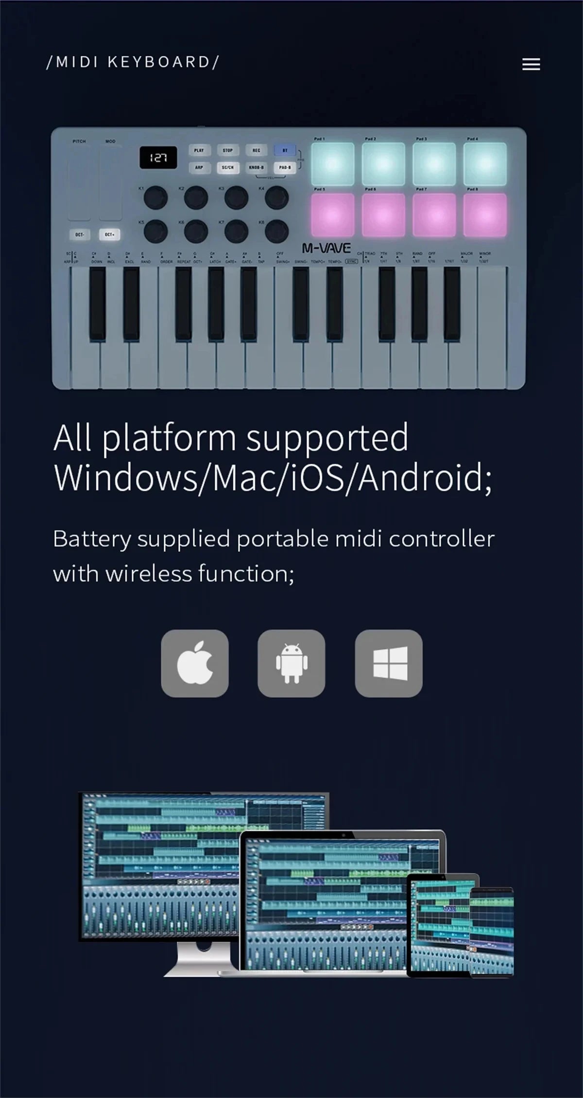 M-VAVE SMK-25 Pro MIDI Controller Wireless/USB DAW Sync | RGB Backlit