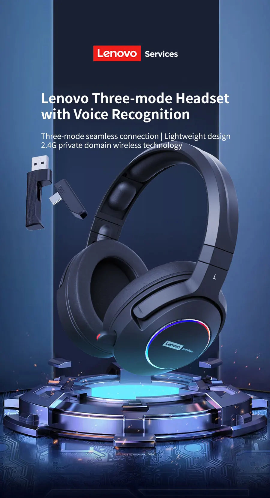 Low Latency Wireless Tri-Mode Headset with In-Game Noise Reduction by Lenovo