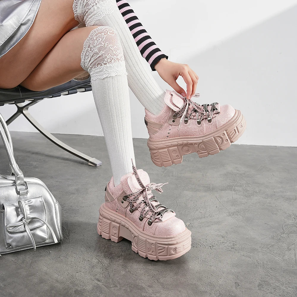 Women's Pink Chunky Punk Platform Ankle Boots