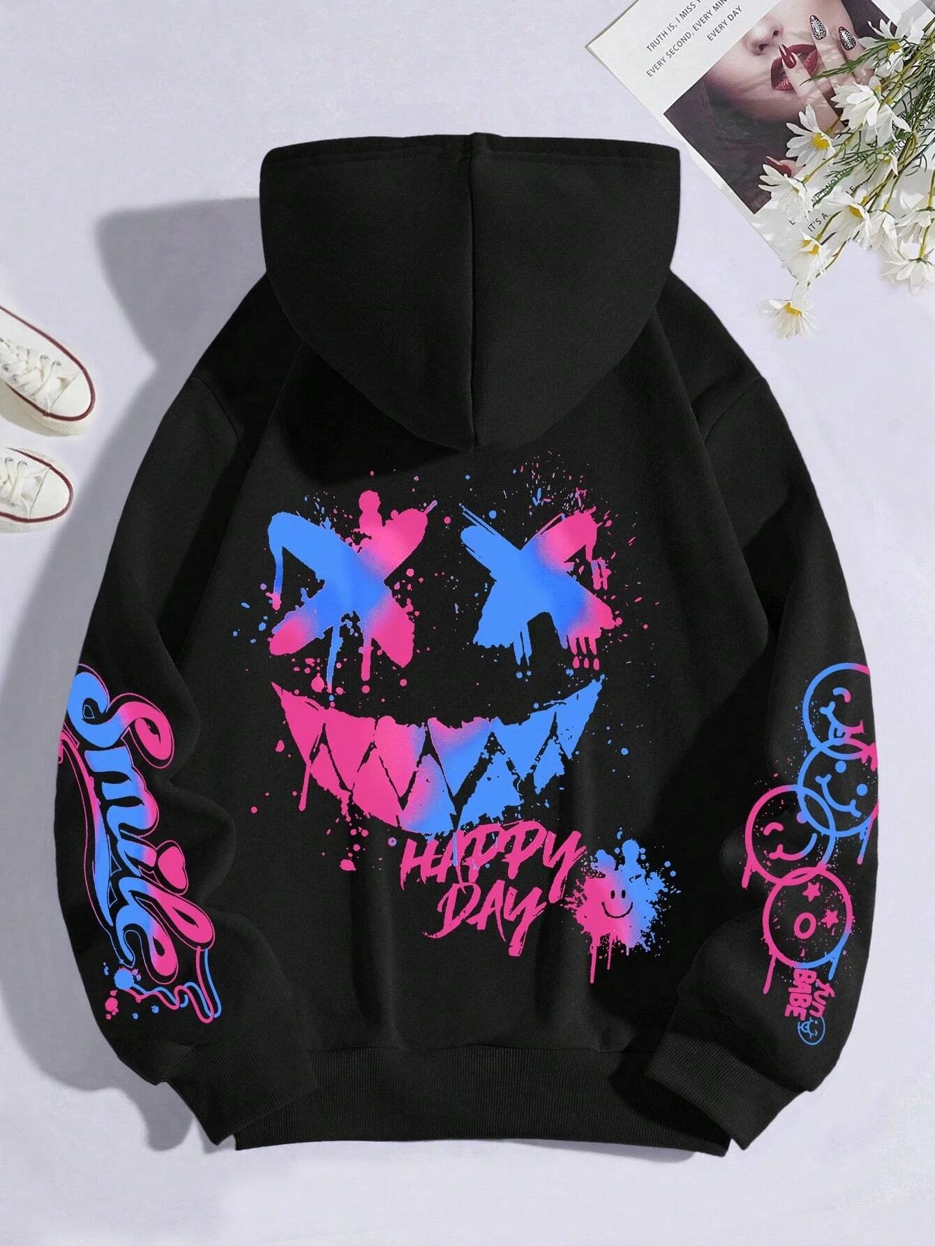 'Happy Day' Graffiti Printed Street Hoodie