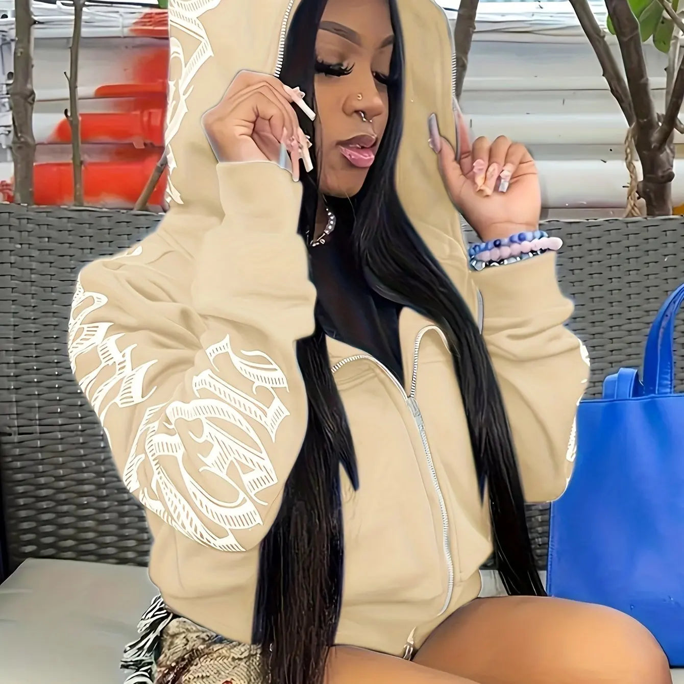 Cyber Y2K Gothic Print Zip-Up Hoodie