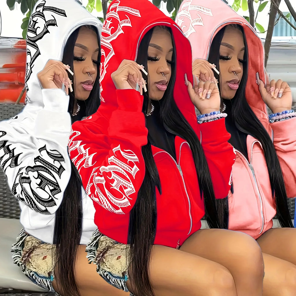 Cyber Y2K Gothic Print Zip-Up Hoodie