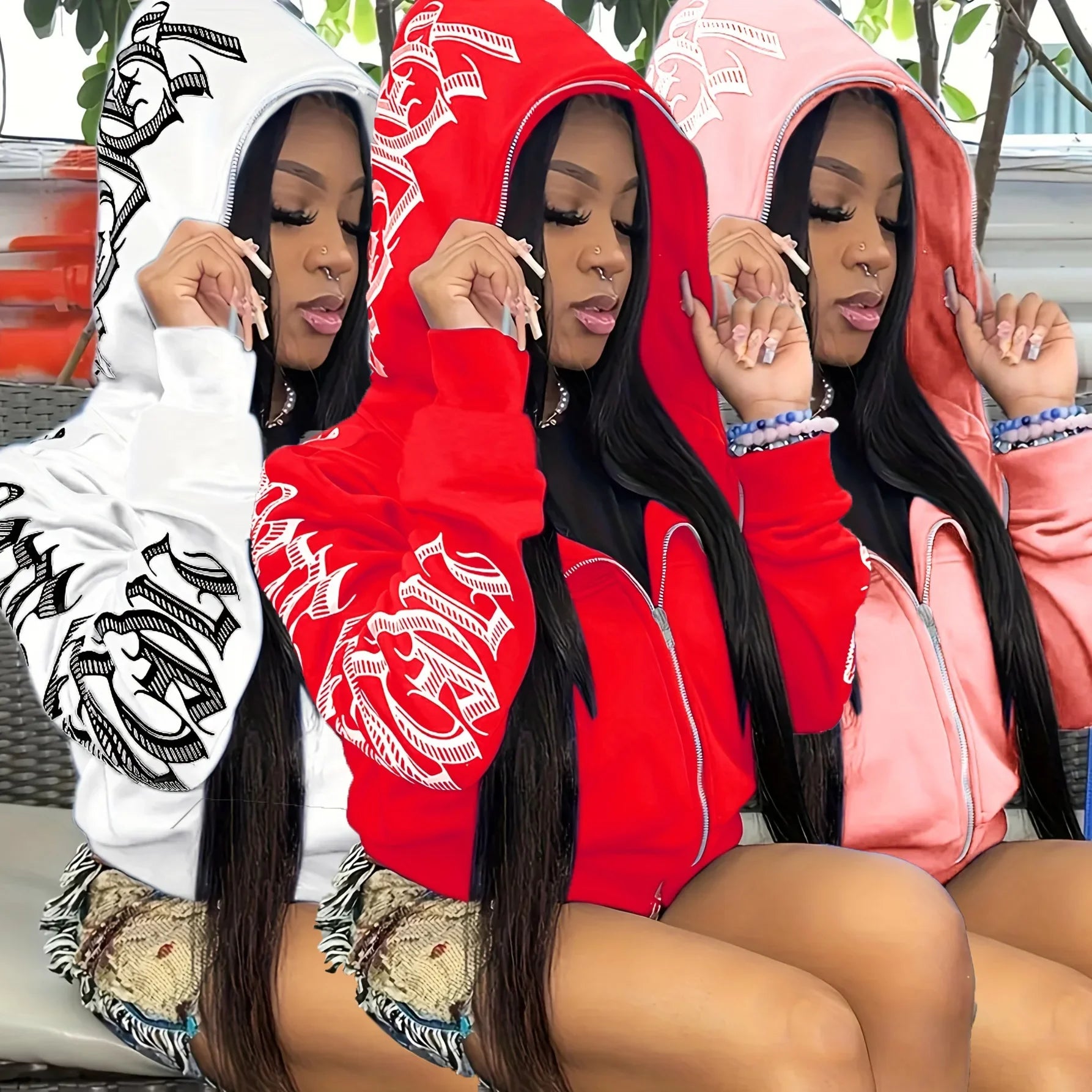 Cyber Y2K Gothic Print Zip-Up Hoodie