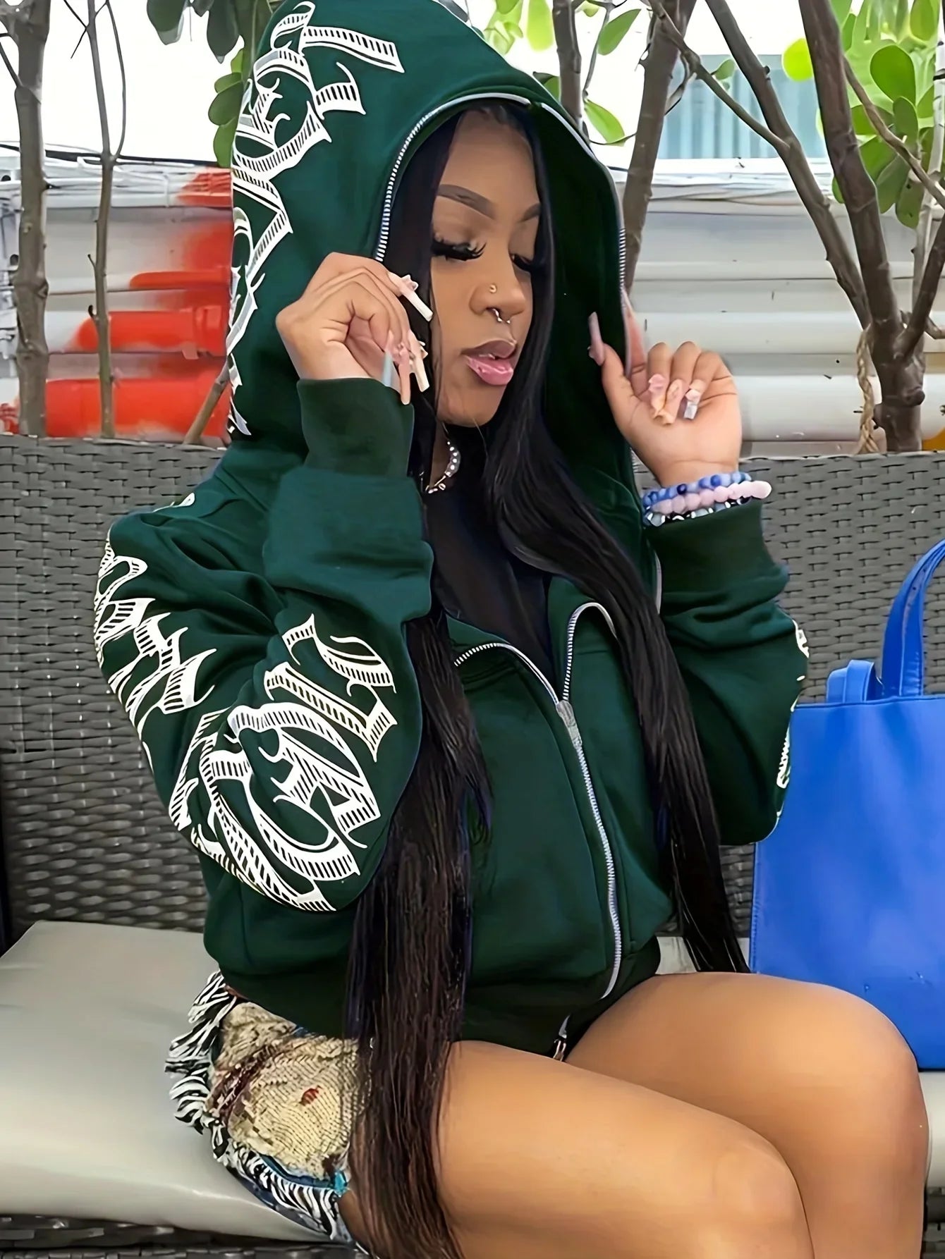 Cyber Y2K Gothic Print Zip-Up Hoodie