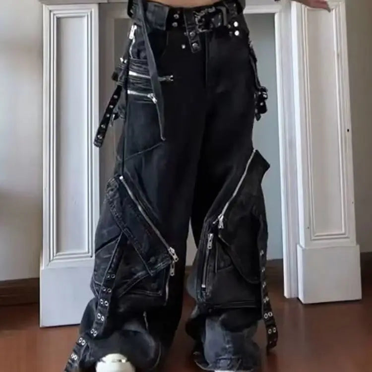Y2K Gothic Punk Multi-Pocket Zipper Black Jeans