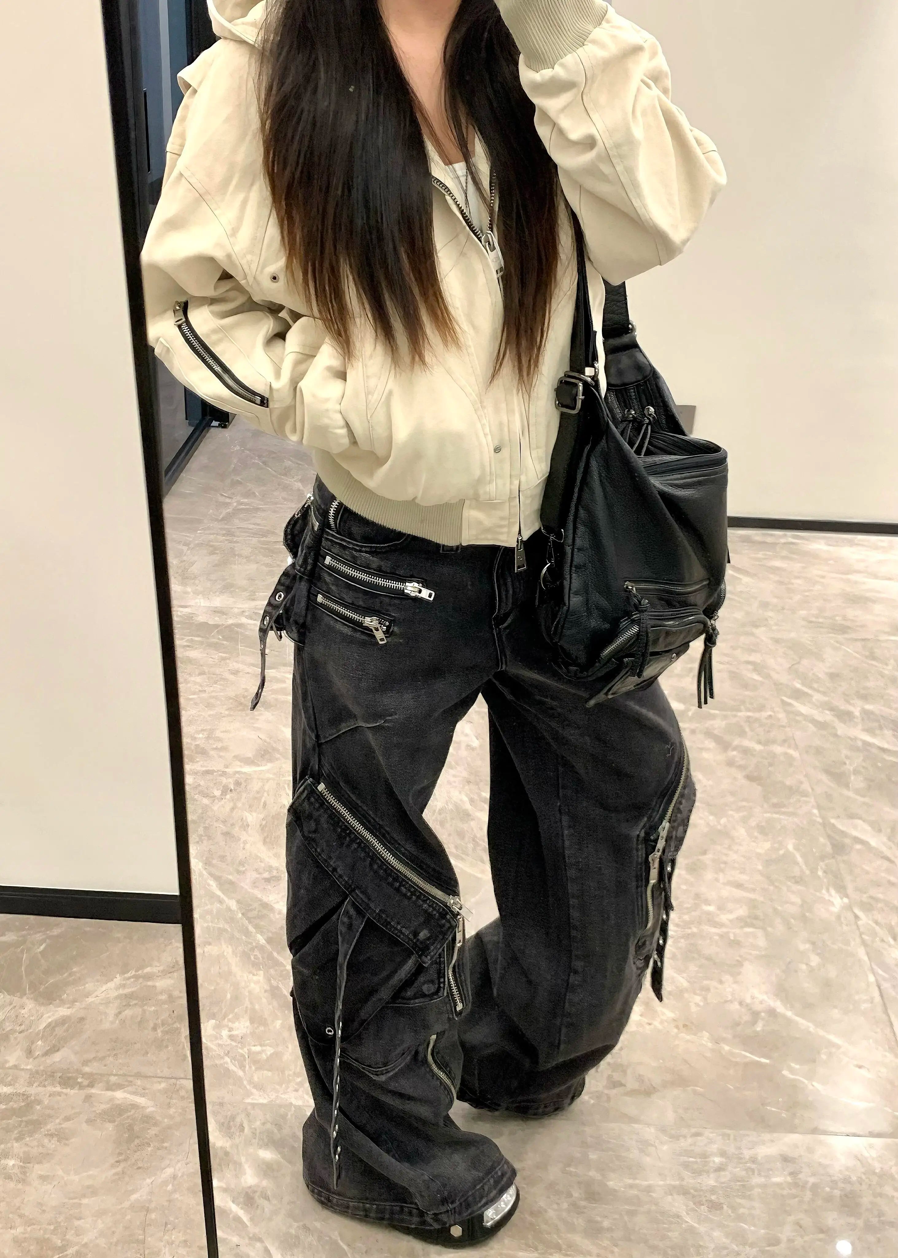 Y2K Gothic Punk Multi-Pocket Zipper Black Jeans