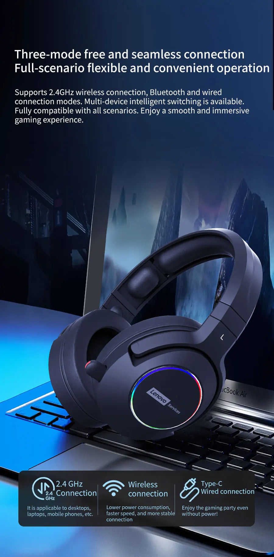 Low Latency Wireless Tri-Mode Headset with In-Game Noise Reduction by Lenovo