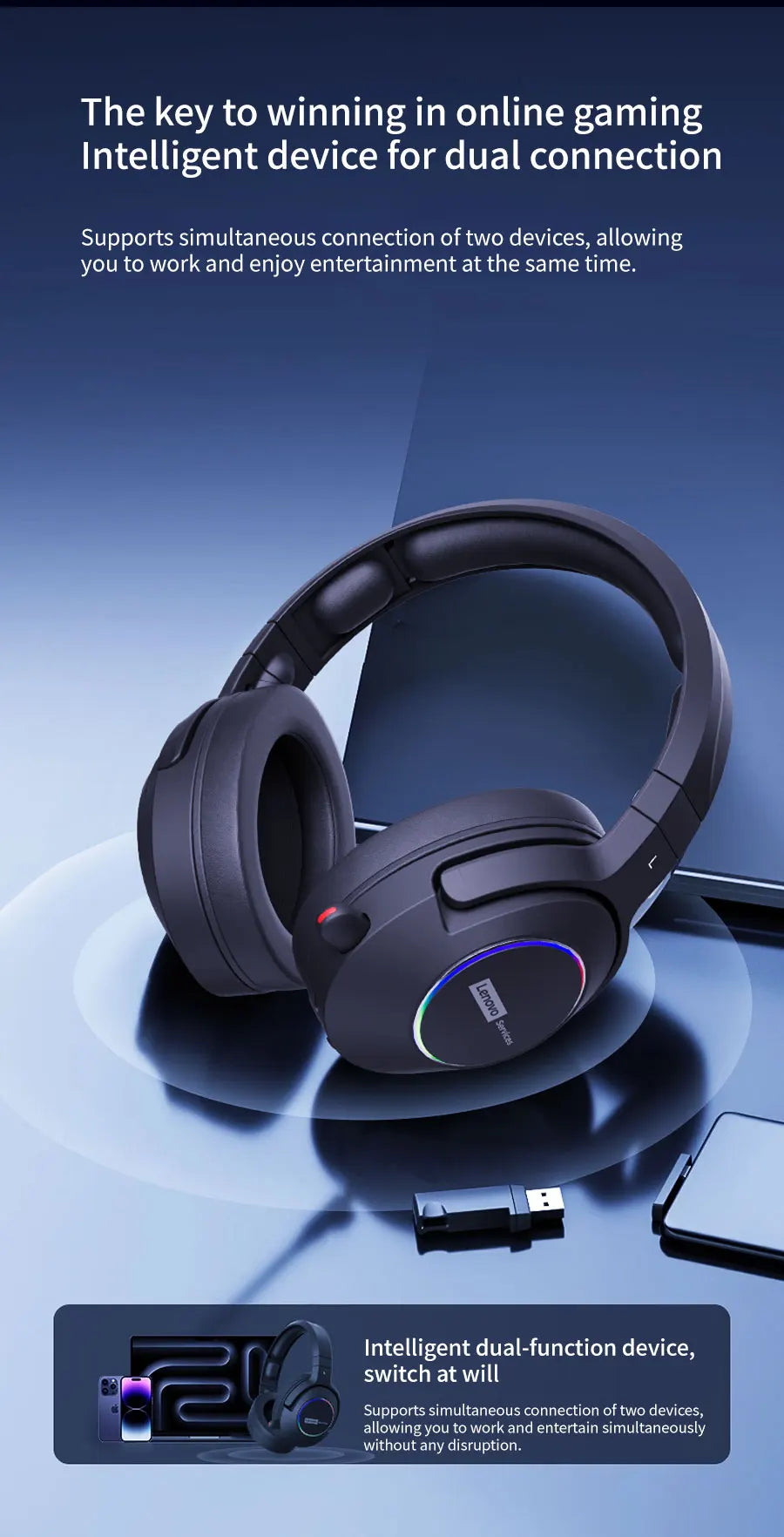 Low Latency Wireless Tri-Mode Headset with In-Game Noise Reduction by Lenovo