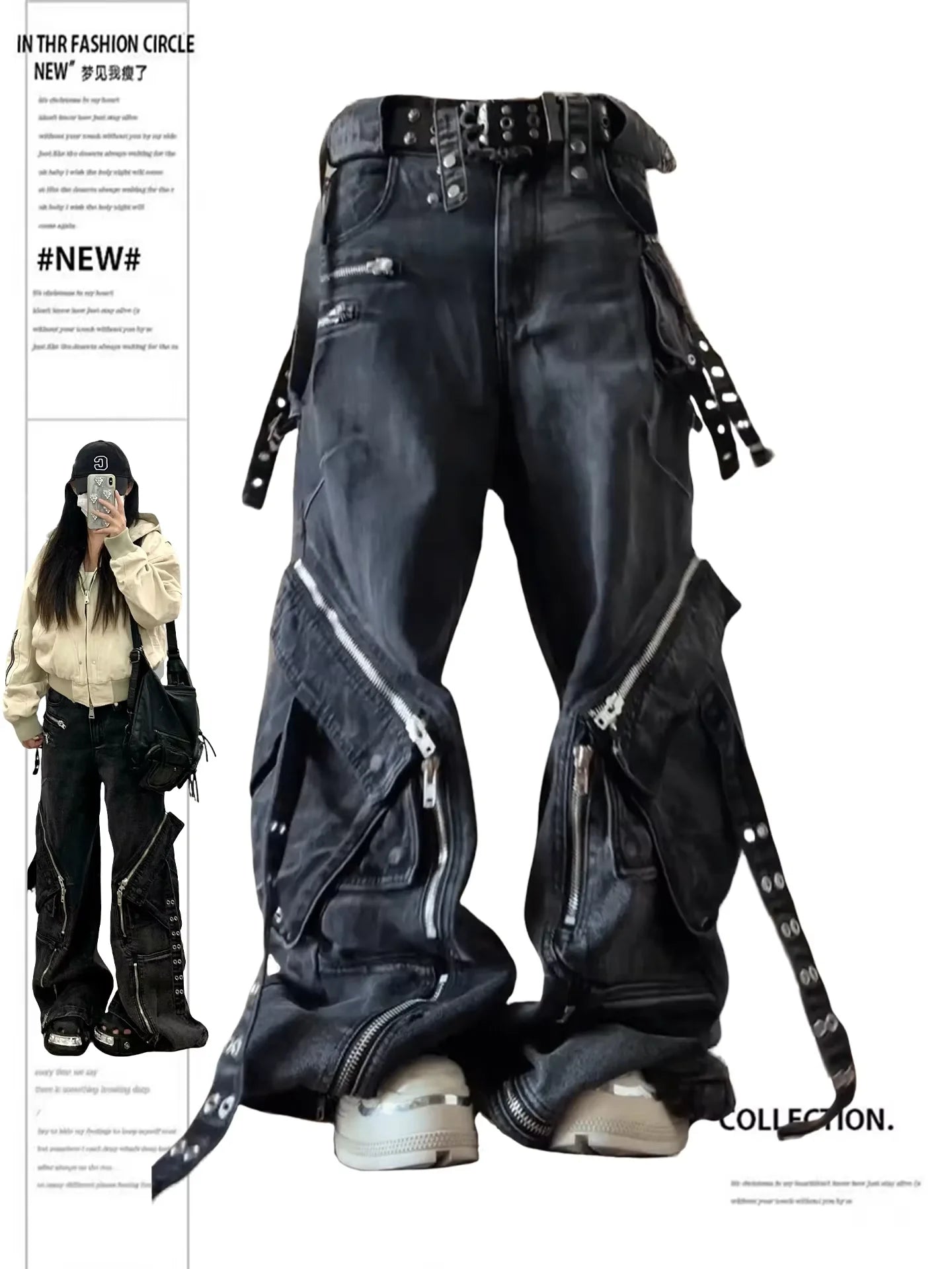 Y2K Gothic Punk Multi-Pocket Zipper Black Jeans