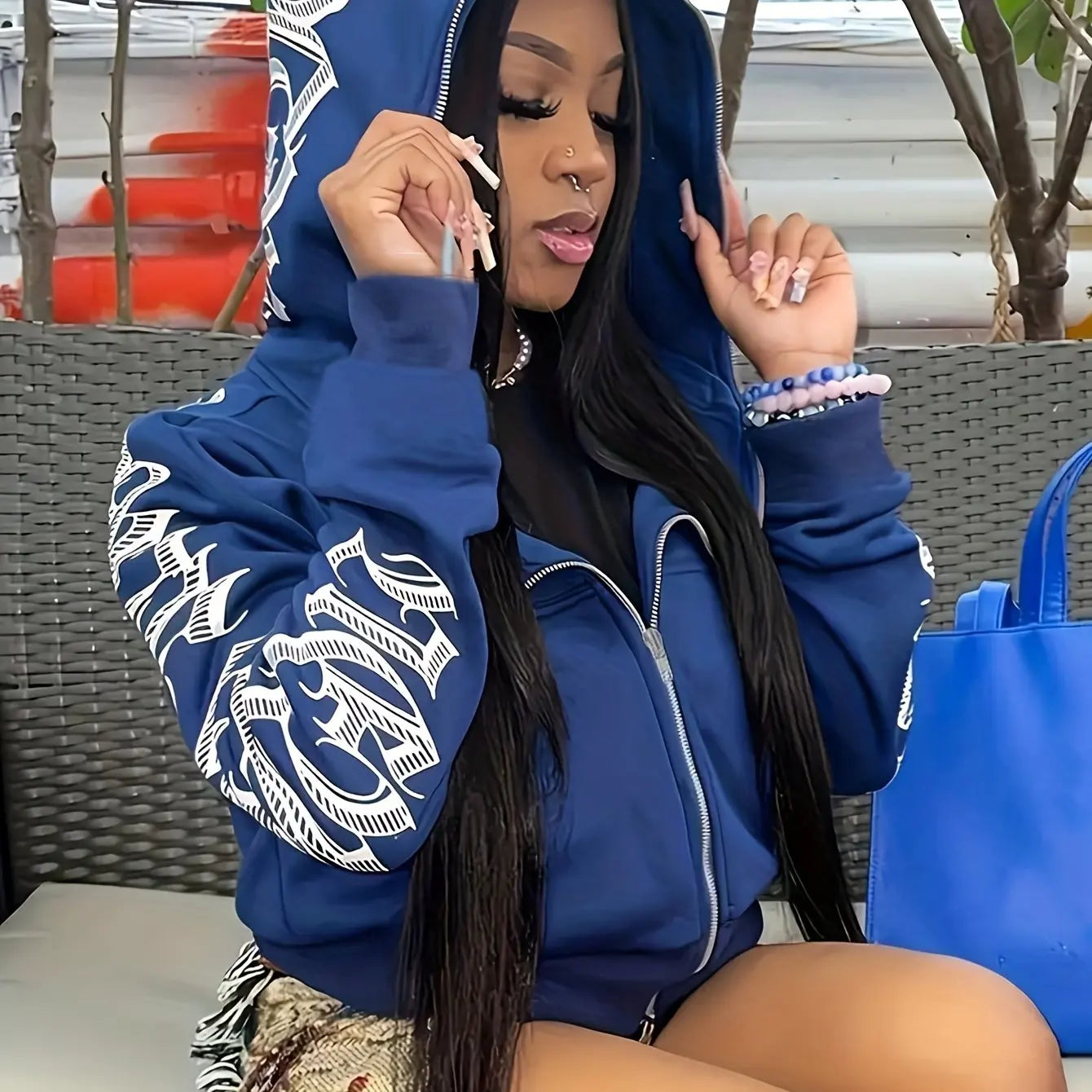 Cyber Y2K Gothic Print Zip-Up Hoodie