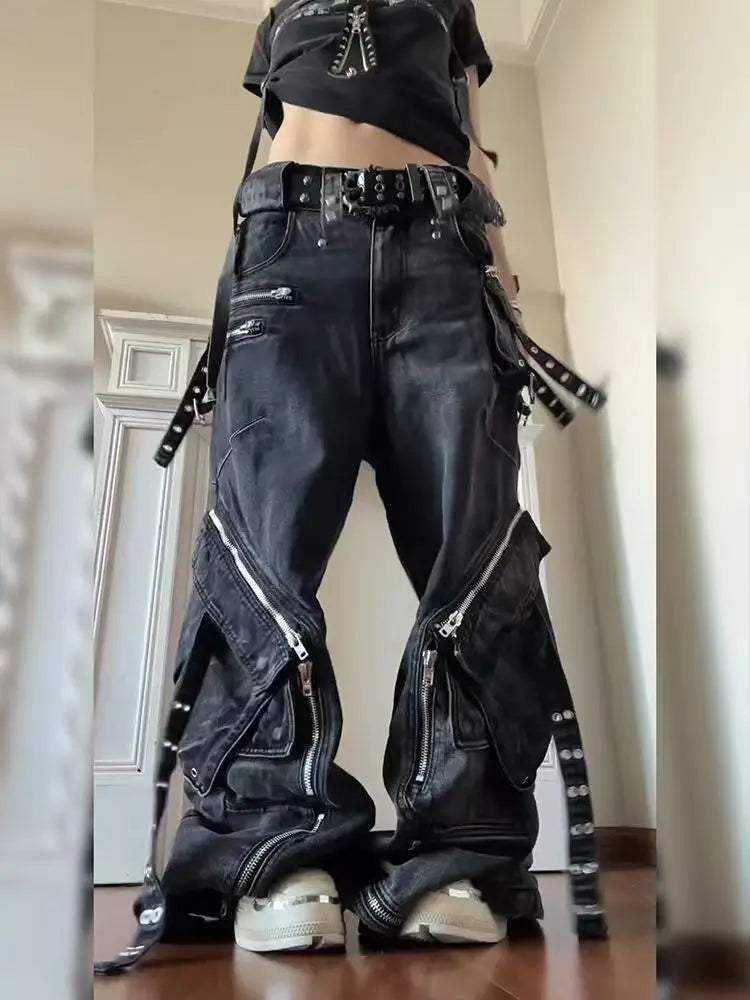 Y2K Gothic Punk Multi-Pocket Zipper Black Jeans