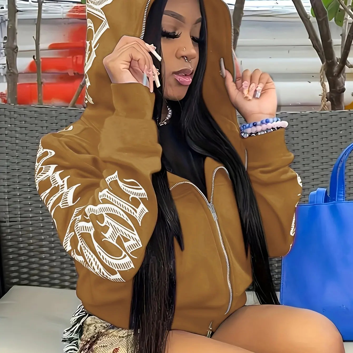 Cyber Y2K Gothic Print Zip-Up Hoodie