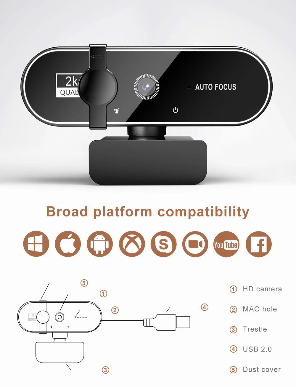 Lenovo 4K/2K/HD Mini Webcam With Microphone and Auto Focus