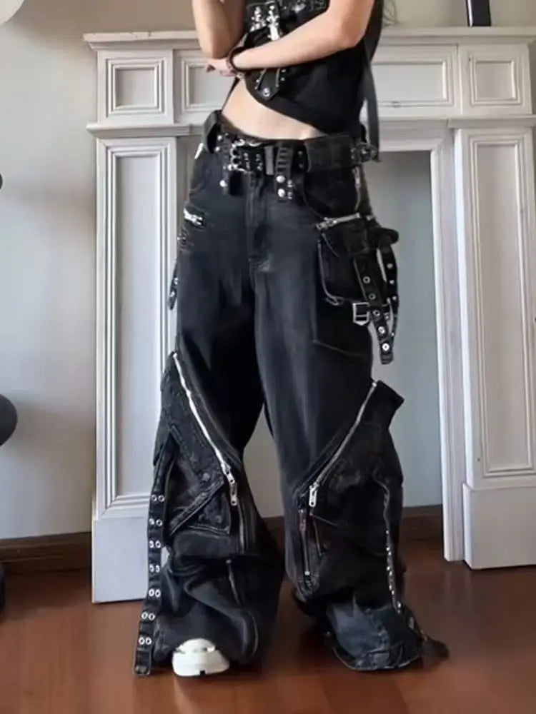Y2K Gothic Punk Multi-Pocket Zipper Black Jeans