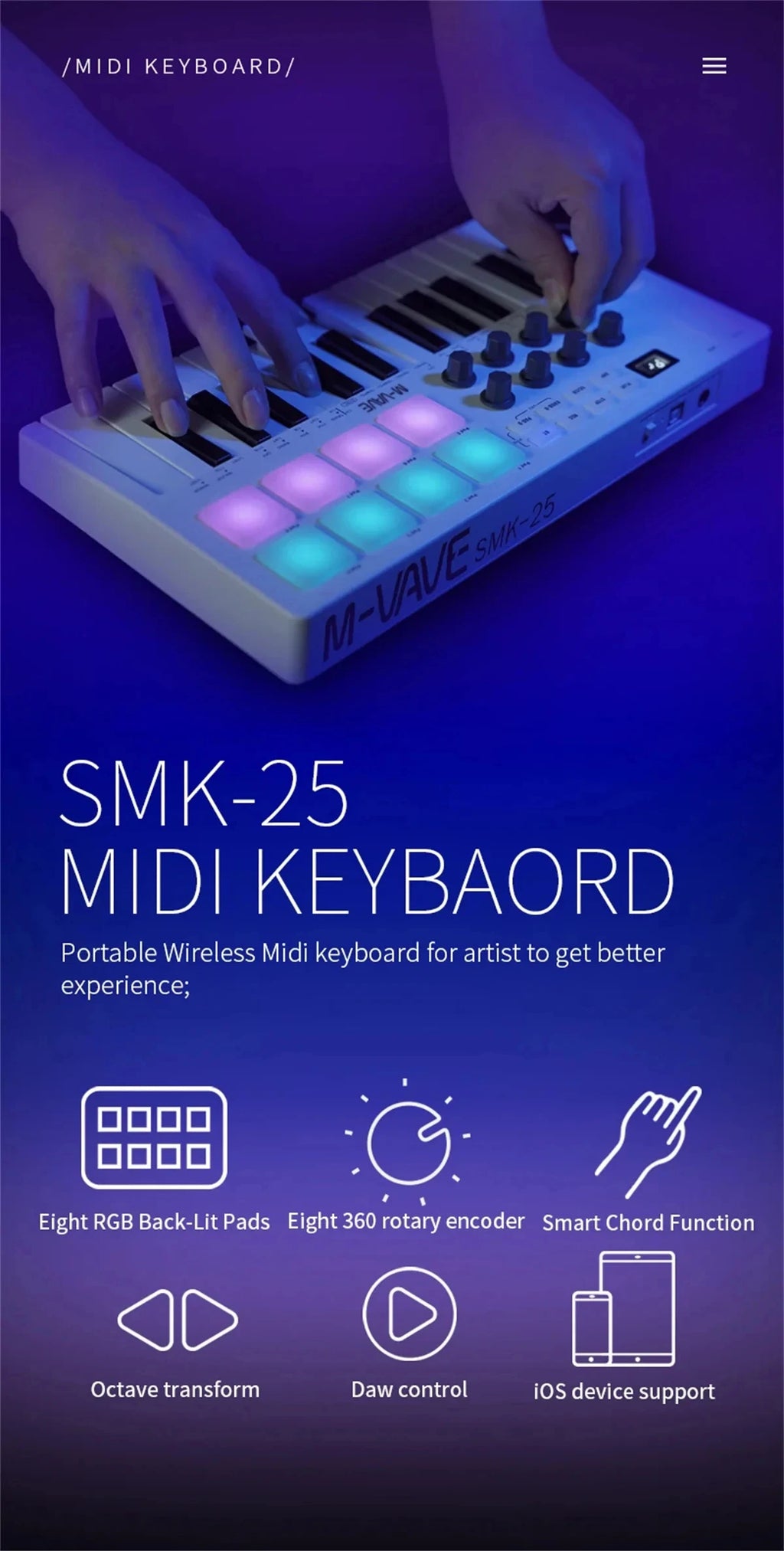 M-VAVE SMK-25 Pro MIDI Controller Wireless/USB DAW Sync | RGB Backlit